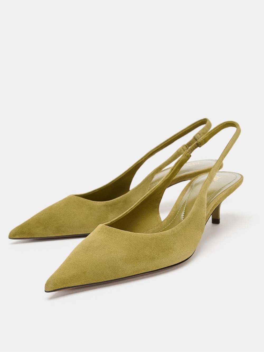 ZARA Olive Green Suede kitten heel Pointed Slingback Heels size 8